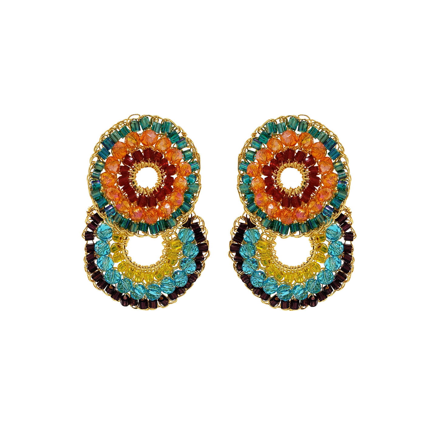 Colorful beaded earrings on a white background. Multicolor hand-crocheted double-circle cascade earrings with gold wire, featuring turquoise, orange, yellow, burgundy, and red crystal beads, handmade in Brazil.