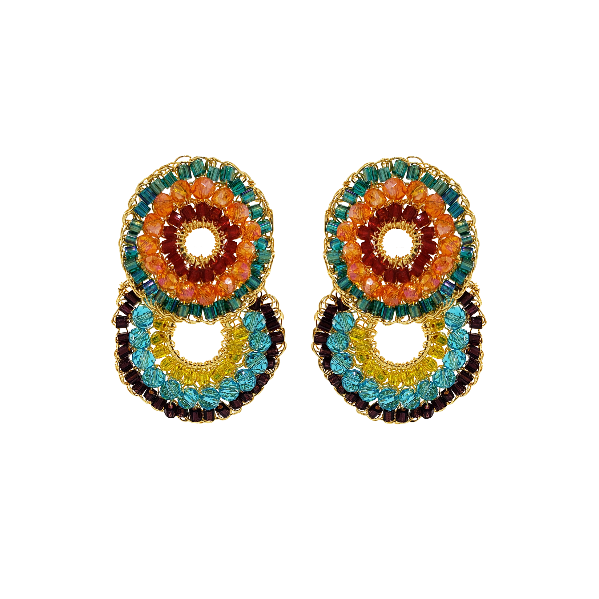 Colorful beaded earrings on a white background. Multicolor hand-crocheted double-circle cascade earrings with gold wire, featuring turquoise, orange, yellow, burgundy, and red crystal beads, handmade in Brazil.