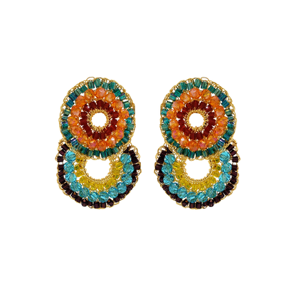 Colorful beaded earrings on a white background. Multicolor hand-crocheted double-circle cascade earrings with gold wire, featuring turquoise, orange, yellow, burgundy, and red crystal beads, handmade in Brazil.
