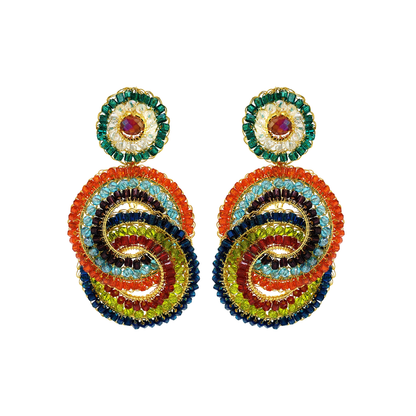 Multicolor Loki handmade interlocked earrings with colorful crystals, glass beads and 18K gold filled wire.