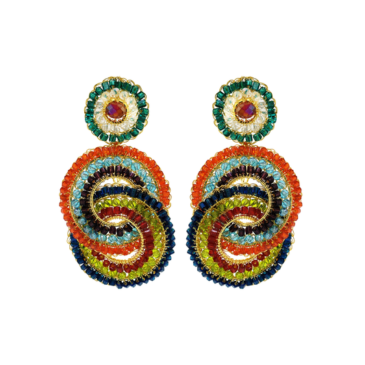 Multicolor Loki handmade interlocked earrings with colorful crystals, glass beads and 18K gold filled wire.