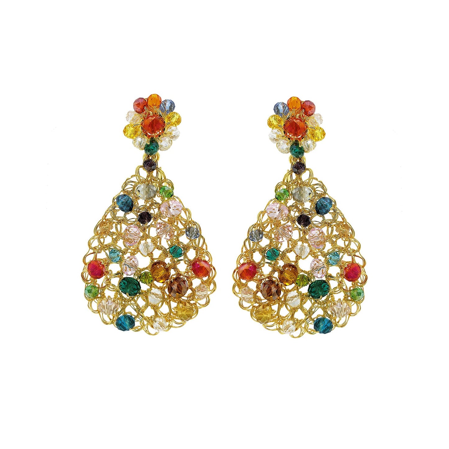Handmade in Brazil, these teardrop mesh earrings feature 18 karat gold filled wire, multicolor crystals, lightweight comfort, and hypoallergenic materials. 3324-001-A069