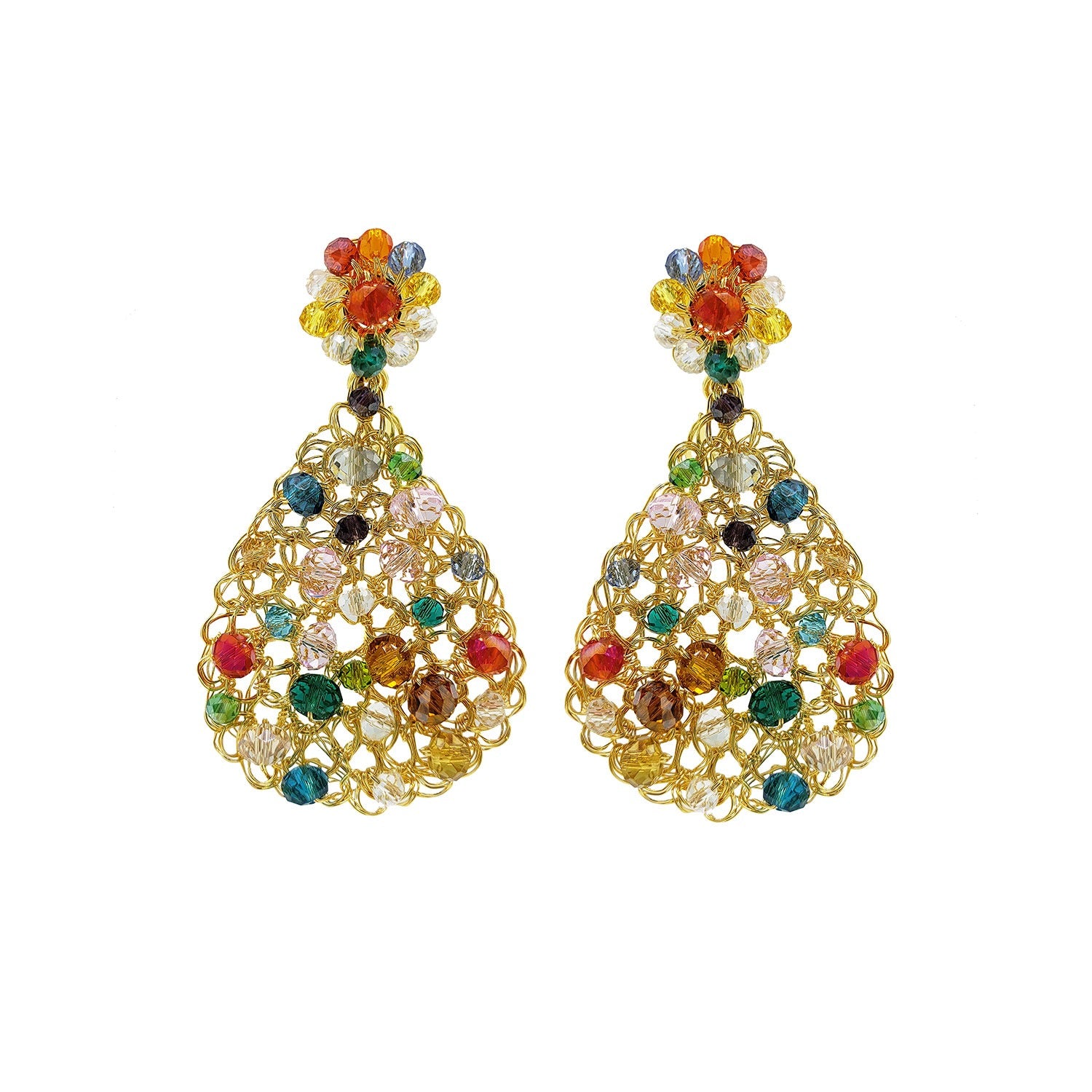 Handmade in Brazil, these teardrop mesh earrings feature 18 karat gold filled wire, multicolor crystals, lightweight comfort, and hypoallergenic materials. 3324-001-A069