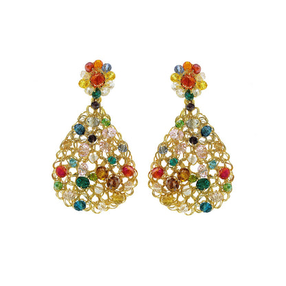 Handmade in Brazil, these teardrop mesh earrings feature 18 karat gold filled wire, multicolor crystals, lightweight comfort, and hypoallergenic materials. 3324-001-A069