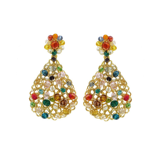 Handmade in Brazil, these teardrop mesh earrings feature 18 karat gold filled wire, multicolor crystals, lightweight comfort, and hypoallergenic materials. 3324-001-A069