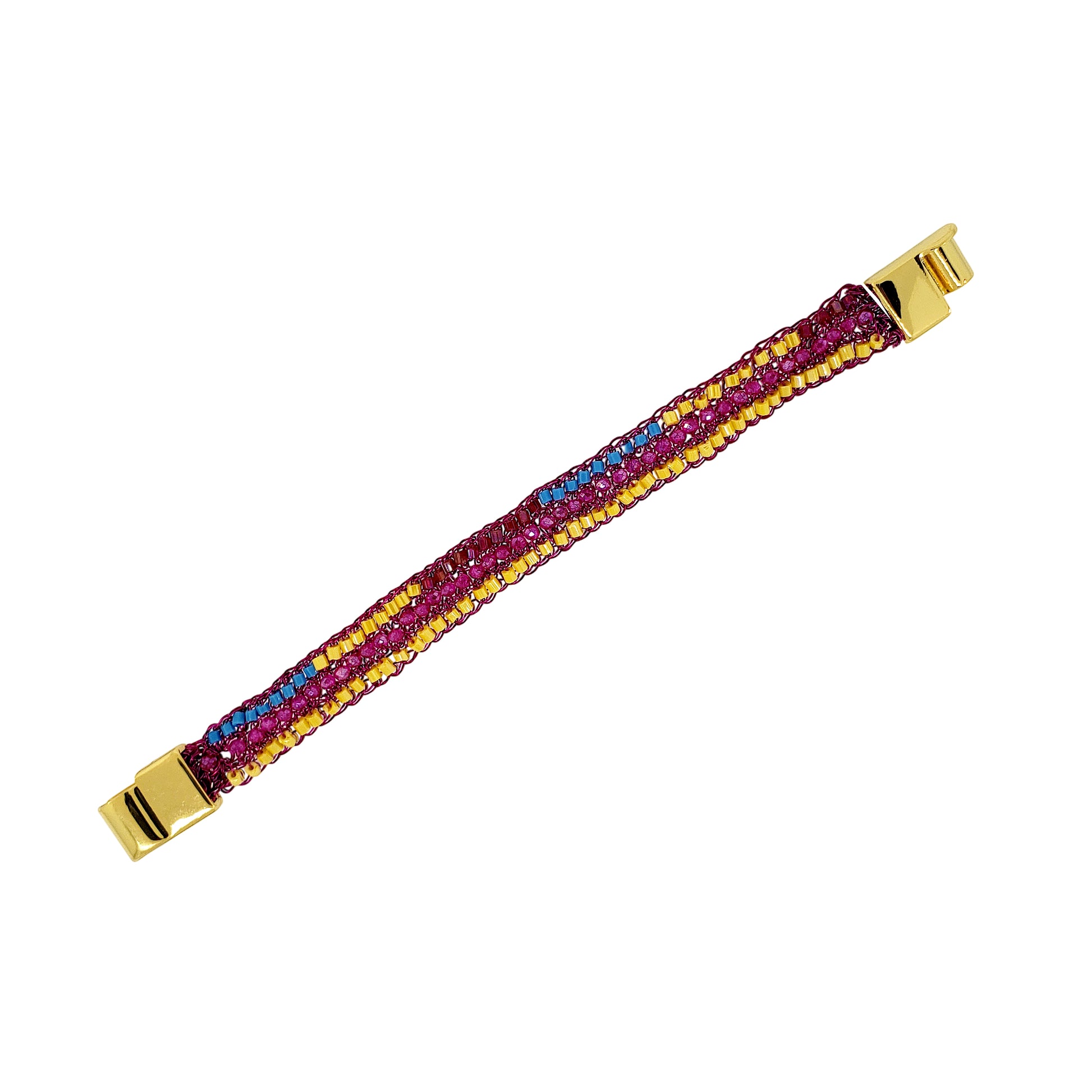 Narrow-Classic-Geometric-Blue-Yellow-Fuchsia-Ziggy-Handmade-Crochet-Bracelet-18k-gold-filled-wire-hypoallergenic-lightweight-statement-brazilian-soul-collection