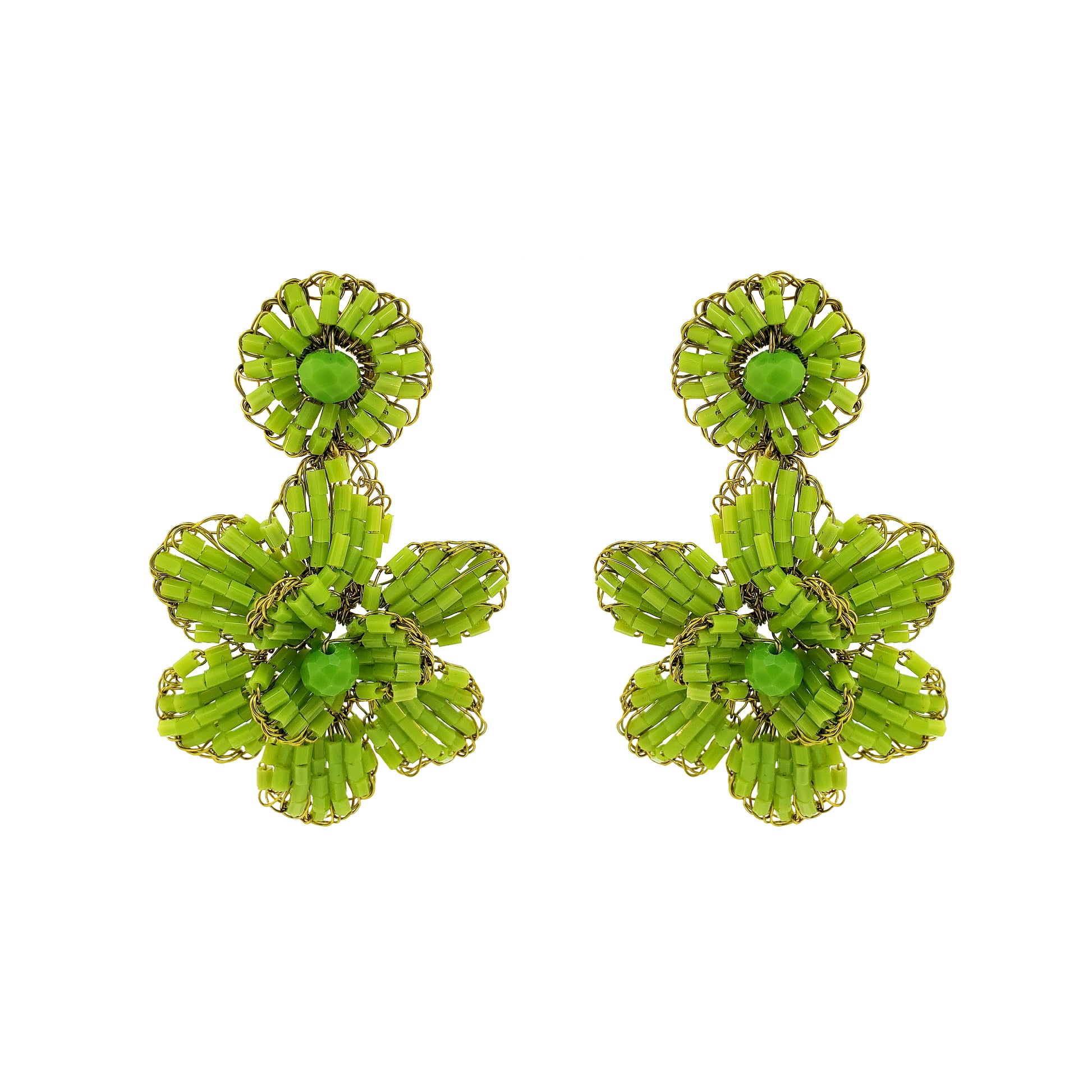A pair of neon green mini blossom handcrafted crochet earrings. Mini floral hand-crocheted dangle earrings handmade in Brazil with shiny enameled wire and vibrant neon green bead accents.