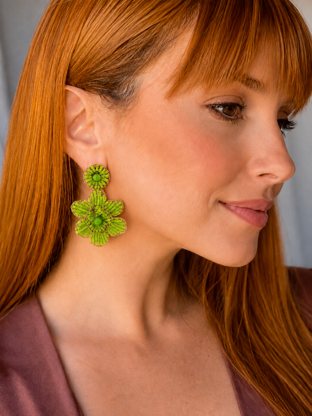 mini floral earrings, hand-crocheted earrings, neon green earrings, neon green bead earrings, enameled wire earrings, handmade Brazilian earrings, artisan earrings, lightweight dangle earrings, hypoallergenic earrings, nickel free earrings, floral dangle earrings, resort earrings, vacation earrings, bold statement earrings, handmade jewelry