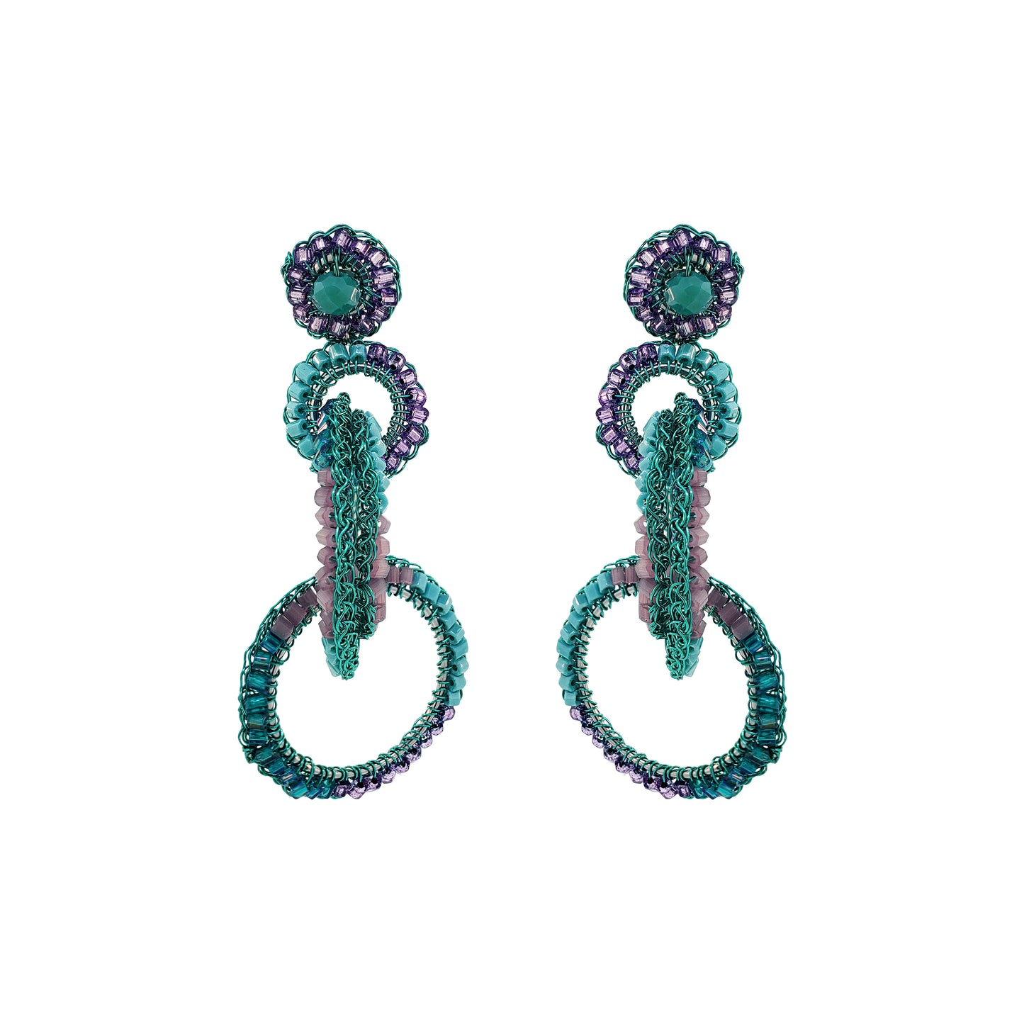 A pair of hand-crocheted earrings with enameled wire and sparkling crystals in turquoise and purple colors. Interlocked link hand-crocheted earrings handmade in Brazil with neon turquoise enameled wire, sparkling crystal accents, and soft lavender and teal details.