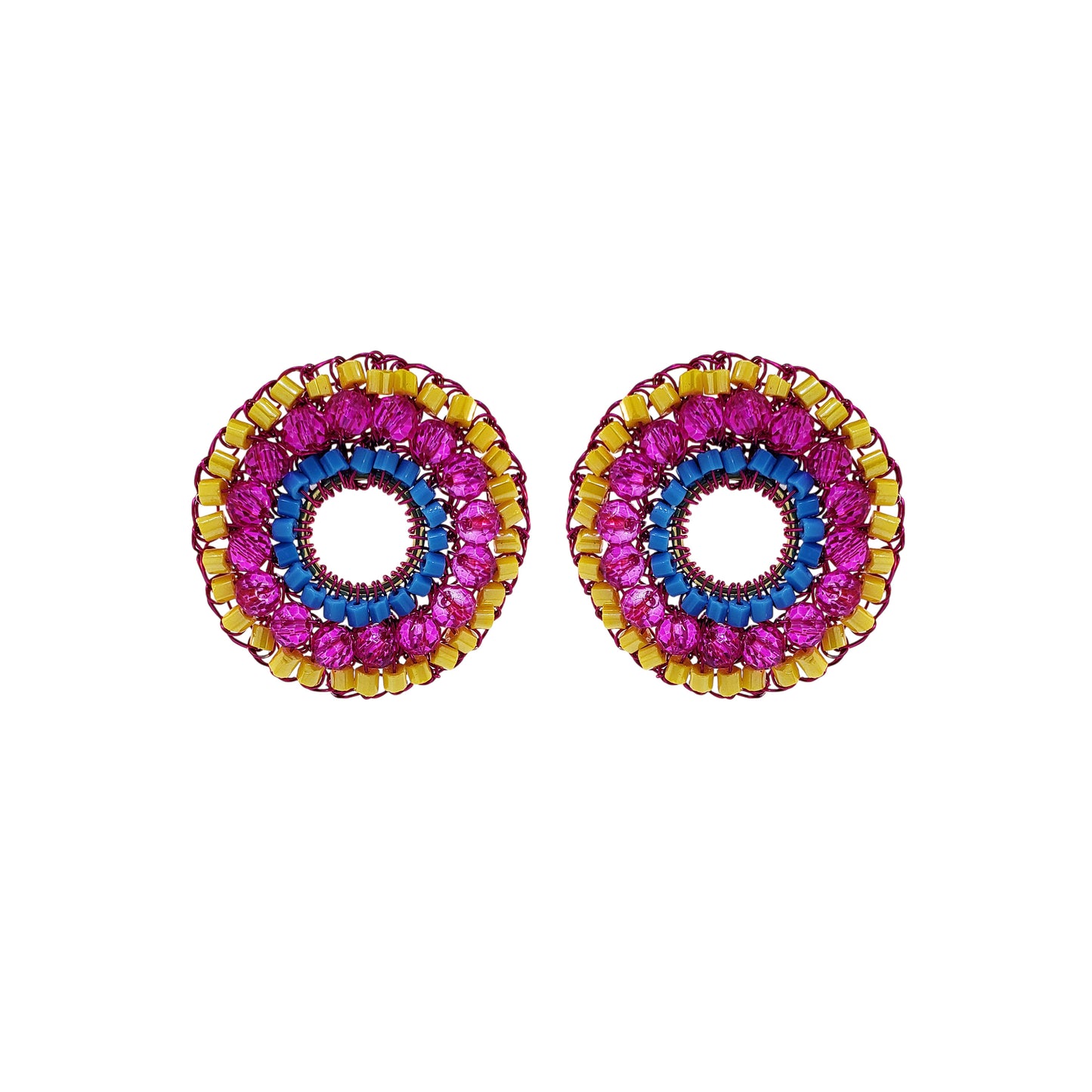Open-Mandala-Blue-Yellow-Fuchsia-Gold-Gush-Post-Handmade-Crochet-Earrings-18k-gold-filled-wire-hypoallergenic-lightweight-statement-brazilian-soul-collection