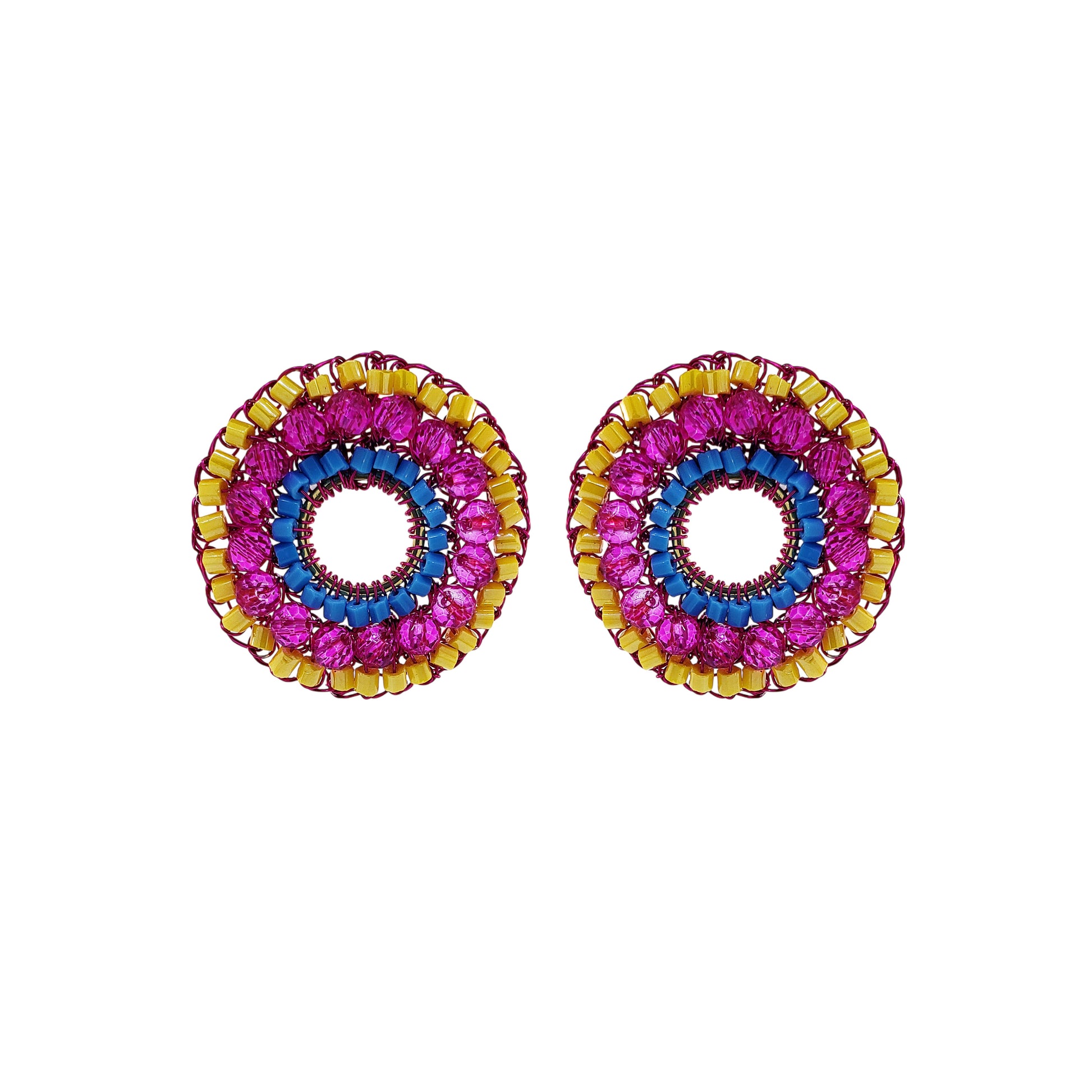 Open-Mandala-Blue-Yellow-Fuchsia-Gold-Gush-Post-Handmade-Crochet-Earrings-18k-gold-filled-wire-hypoallergenic-lightweight-statement-brazilian-soul-collection