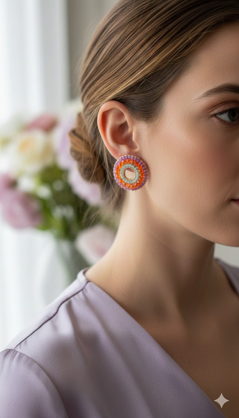 Open-Mandala-Green-Pink-Purple-Orange-Gold-Gush-Post-Handmade-Crochet-Earrings-model-18k-gold-filled-wire-hypoallergenic-lightweight-statement-brazilian-soul-collection