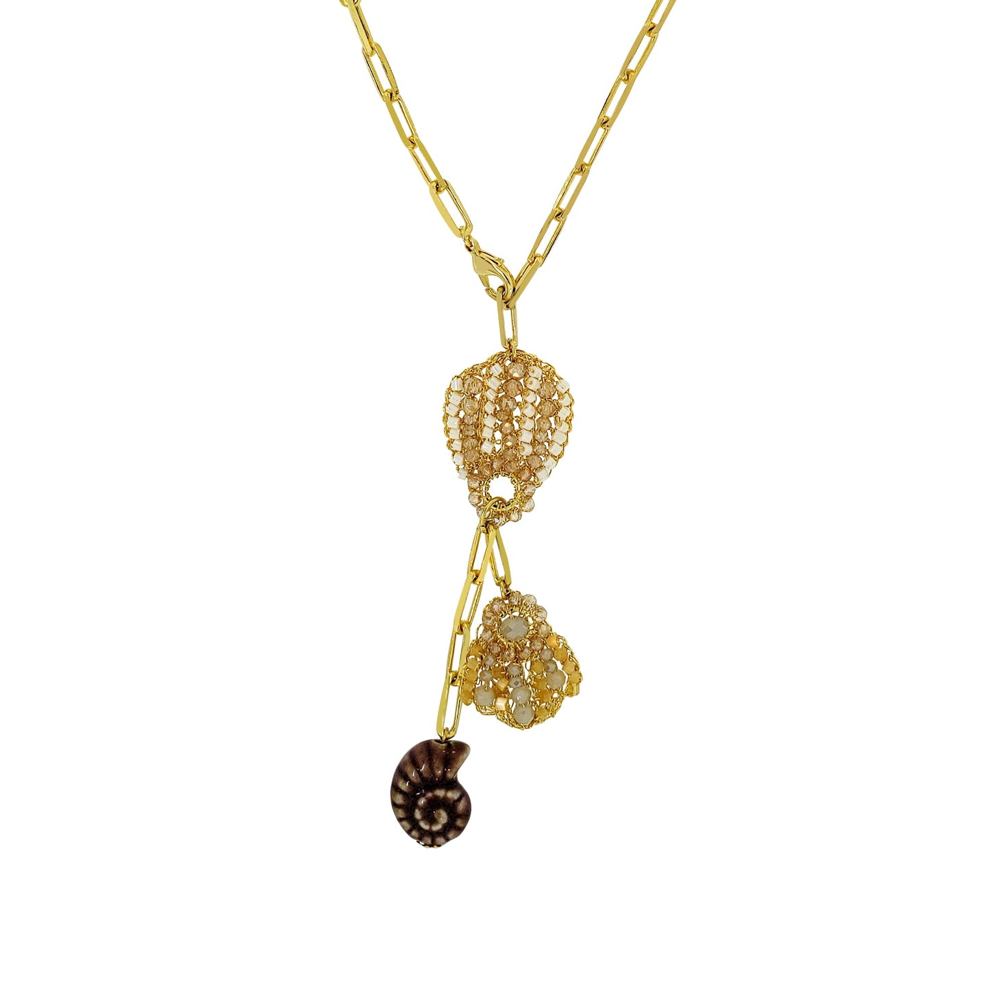 Organic-Beige-Yellow-Butter-Gold-Sea-Shell-Duo-Drop-Handmade-Crochet-Necklace-Detail-18k-gold-filled-wire-hypoallergenic-lightweight-statement-soul-collection