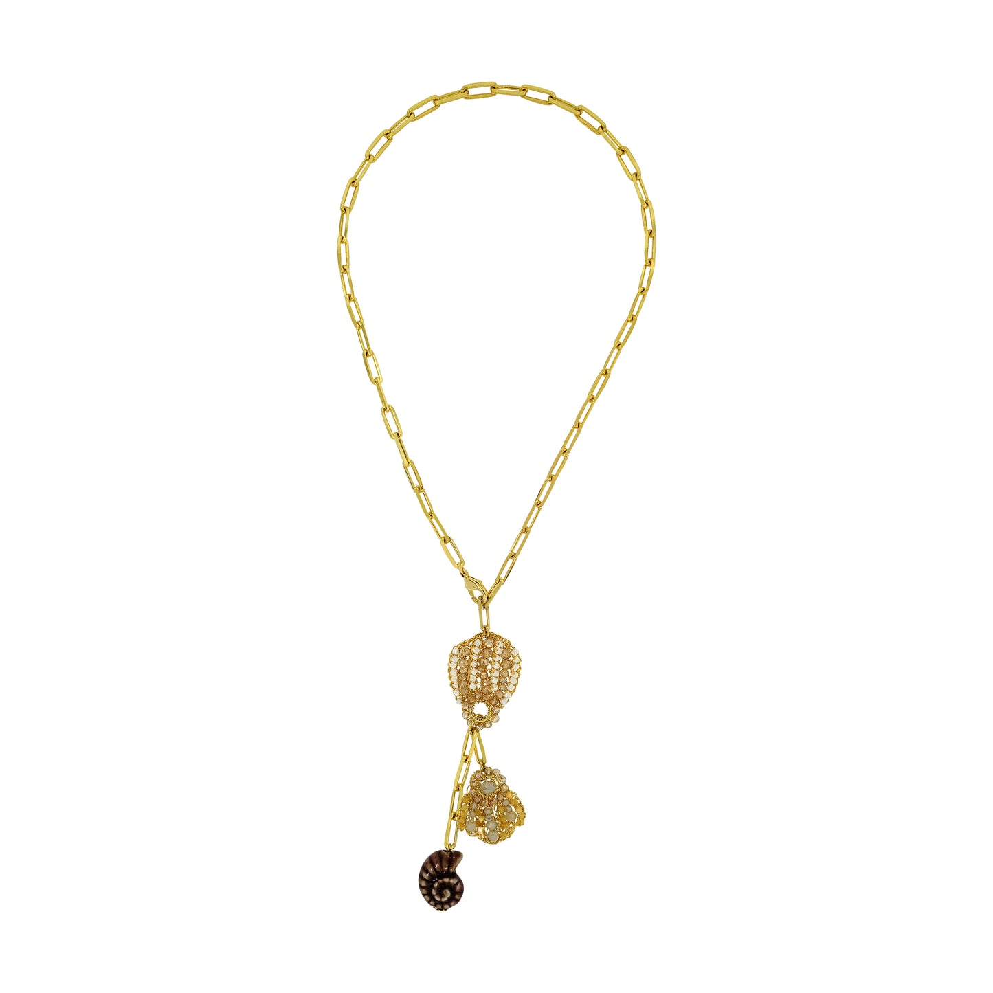 Organic-Beige-Yellow-Butter-Gold-Sea-Shell-Duo-Drop-Handmade-Crochet-Necklace-18k-gold-filled-wire-hypoallergenic-lightweight-statement-soul-collection