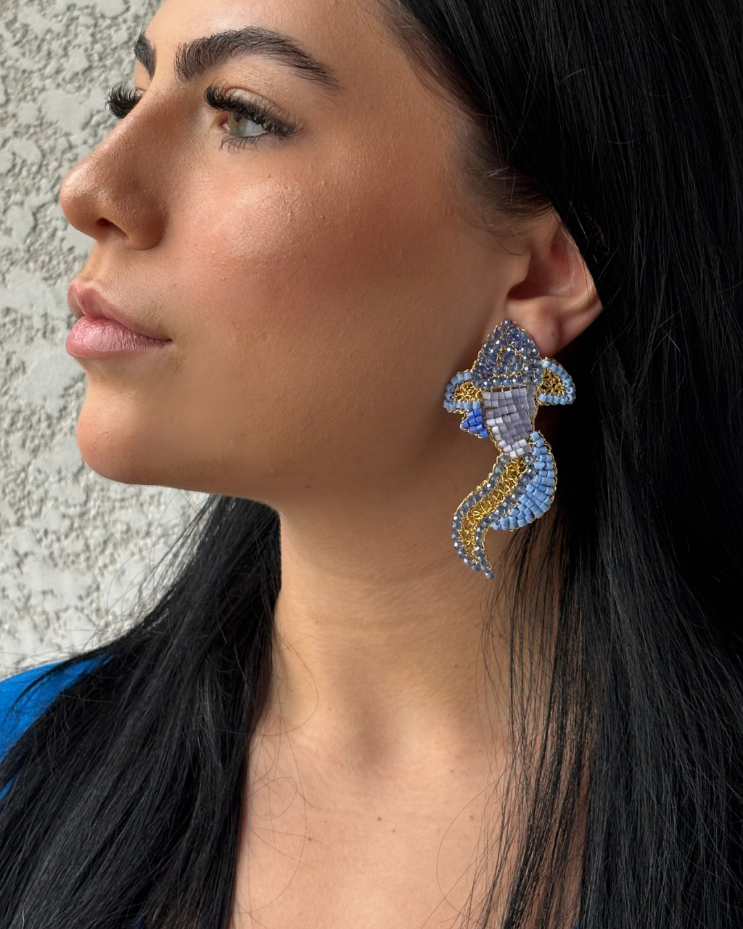 Organic-Blue-Gold-Fish-Handmade-Crochet-Earrings-model-18k-gold-filled-wire-hypoallergenic-lightweight-statement-soul-collection