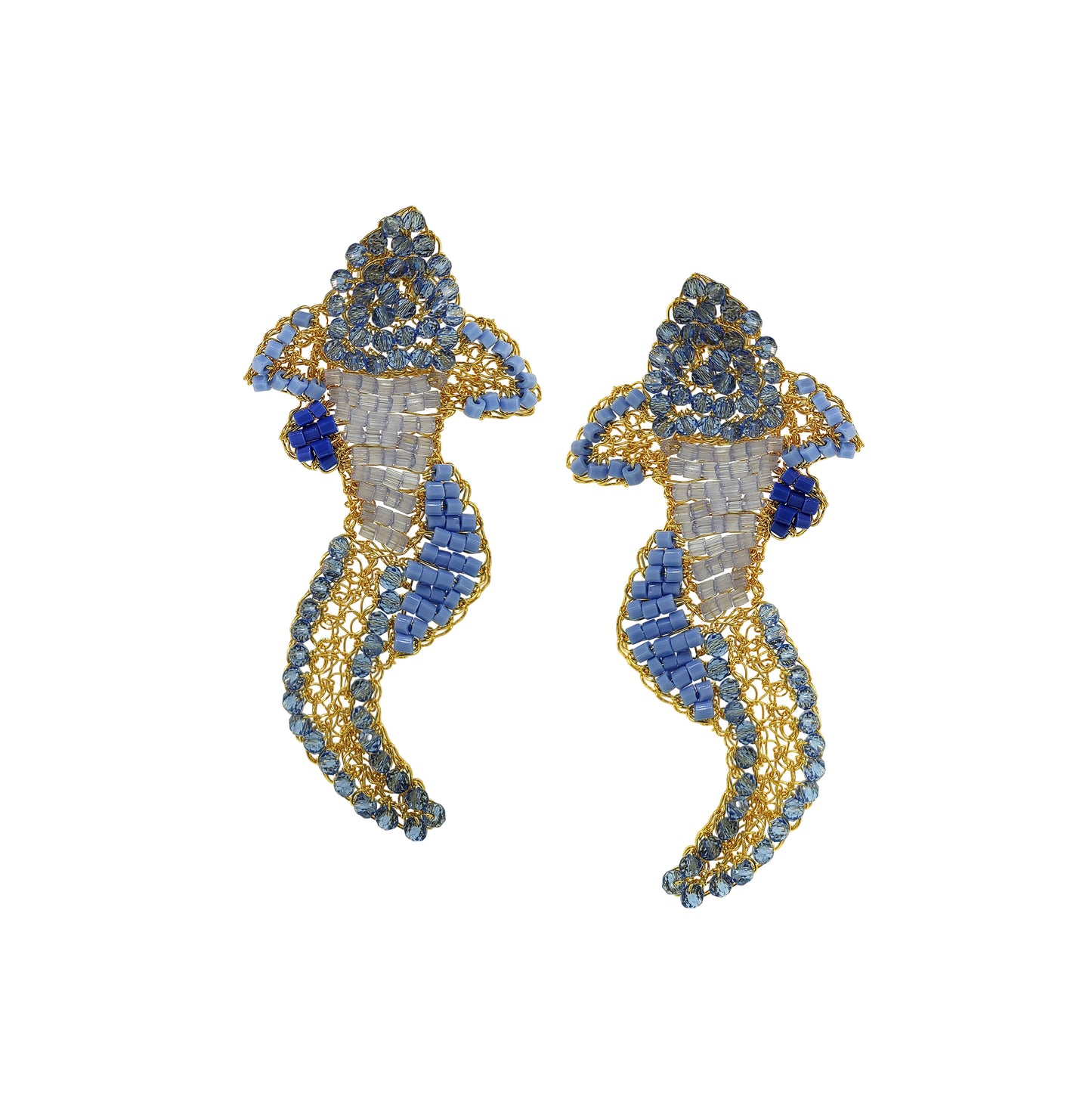 Organic-Blue-Gold-Fish-Handmade-Crochet-Earrings-18k-gold-filled-wire-hypoallergenic-lightweight-statement-soul-collection