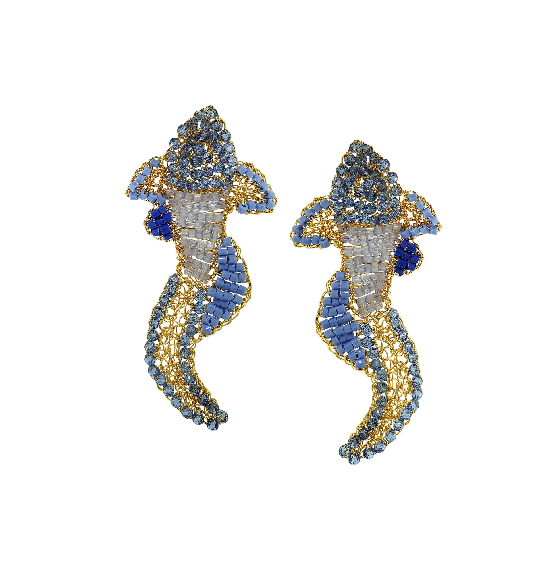 Organic-Blue-Gold-Fish-Handmade-Crochet-Earrings-18k-gold-filled-wire-hypoallergenic-lightweight-statement-soul-collection