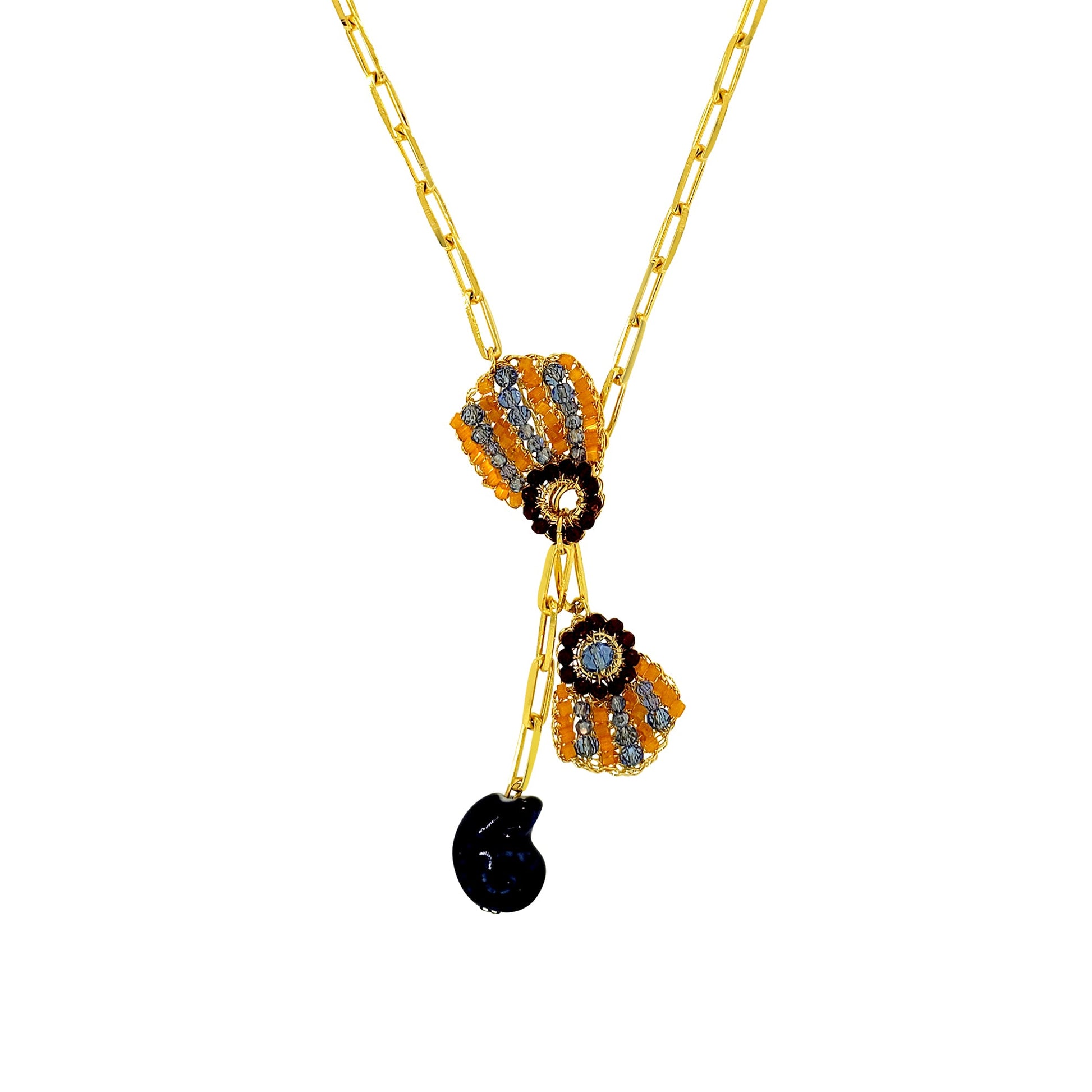 Organic-Blue-Red-Orange-Gold-Sea-Shell-Duo-Drop-Handmade-Crochet-Necklace-detail-18k-gold-filled-wire-hypoallergenic-lightweight-statement-soul-collection-model
