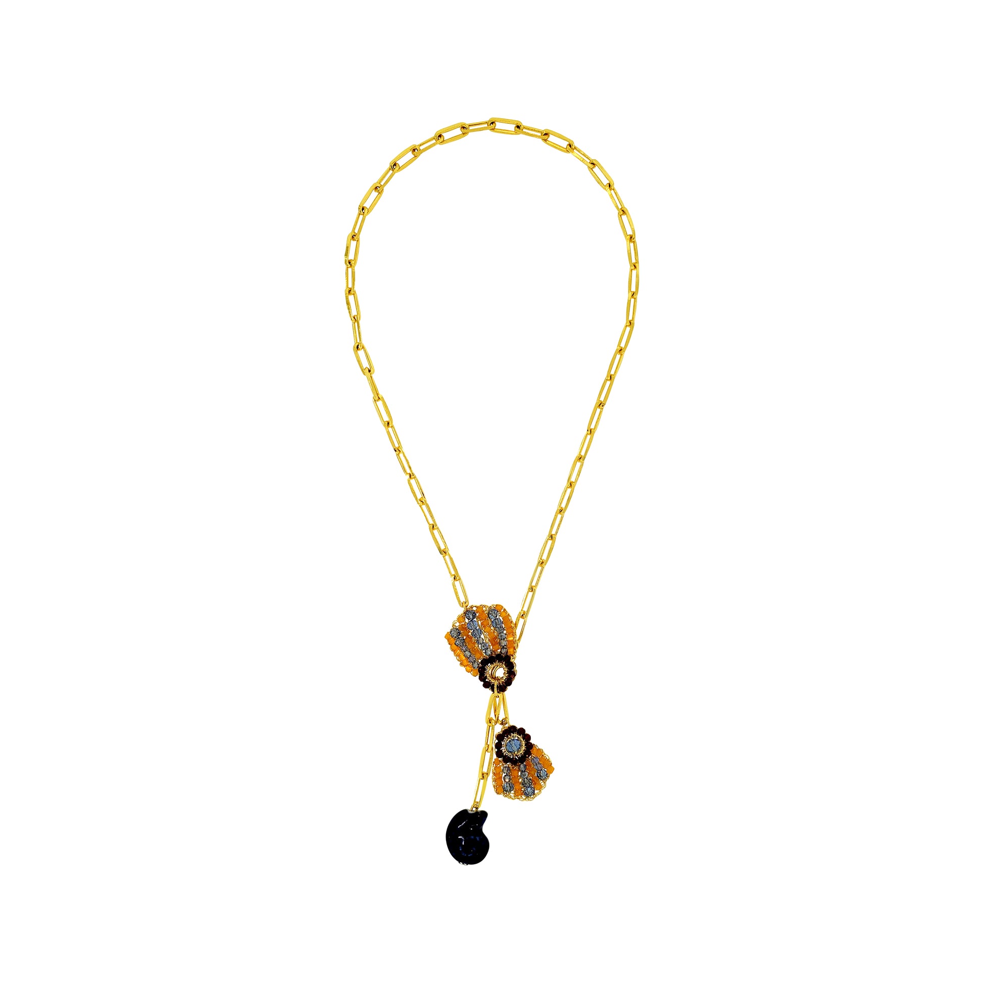 Organic-Blue-Red-Orange-Gold-Sea-Shell-Duo-Drop-Handmade-Crochet-Necklace-18k-gold-filled-wire-hypoallergenic-lightweight-statement-soul-collection-model