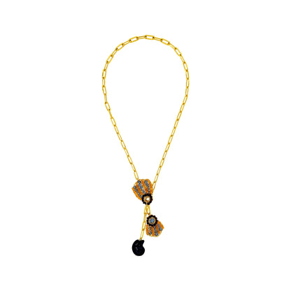 Organic-Blue-Red-Orange-Gold-Sea-Shell-Duo-Drop-Handmade-Crochet-Necklace-18k-gold-filled-wire-hypoallergenic-lightweight-statement-soul-collection-model