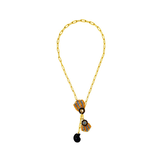 Organic-Blue-Red-Orange-Gold-Sea-Shell-Duo-Drop-Handmade-Crochet-Necklace-18k-gold-filled-wire-hypoallergenic-lightweight-statement-soul-collection-model