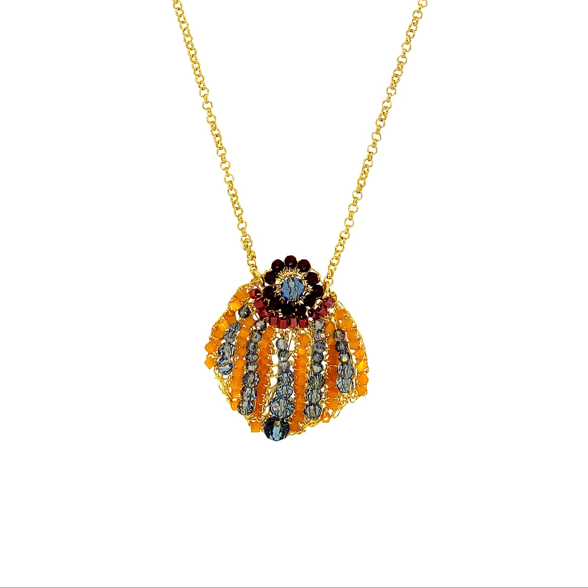 Organic-Blue-Red-Orange-Gold-Sea-Shell-Maxi-Handmade-Crochet-Necklace-detail-18k-gold-filled-wire-hypoallergenic-lightweight-statement-soul-collection