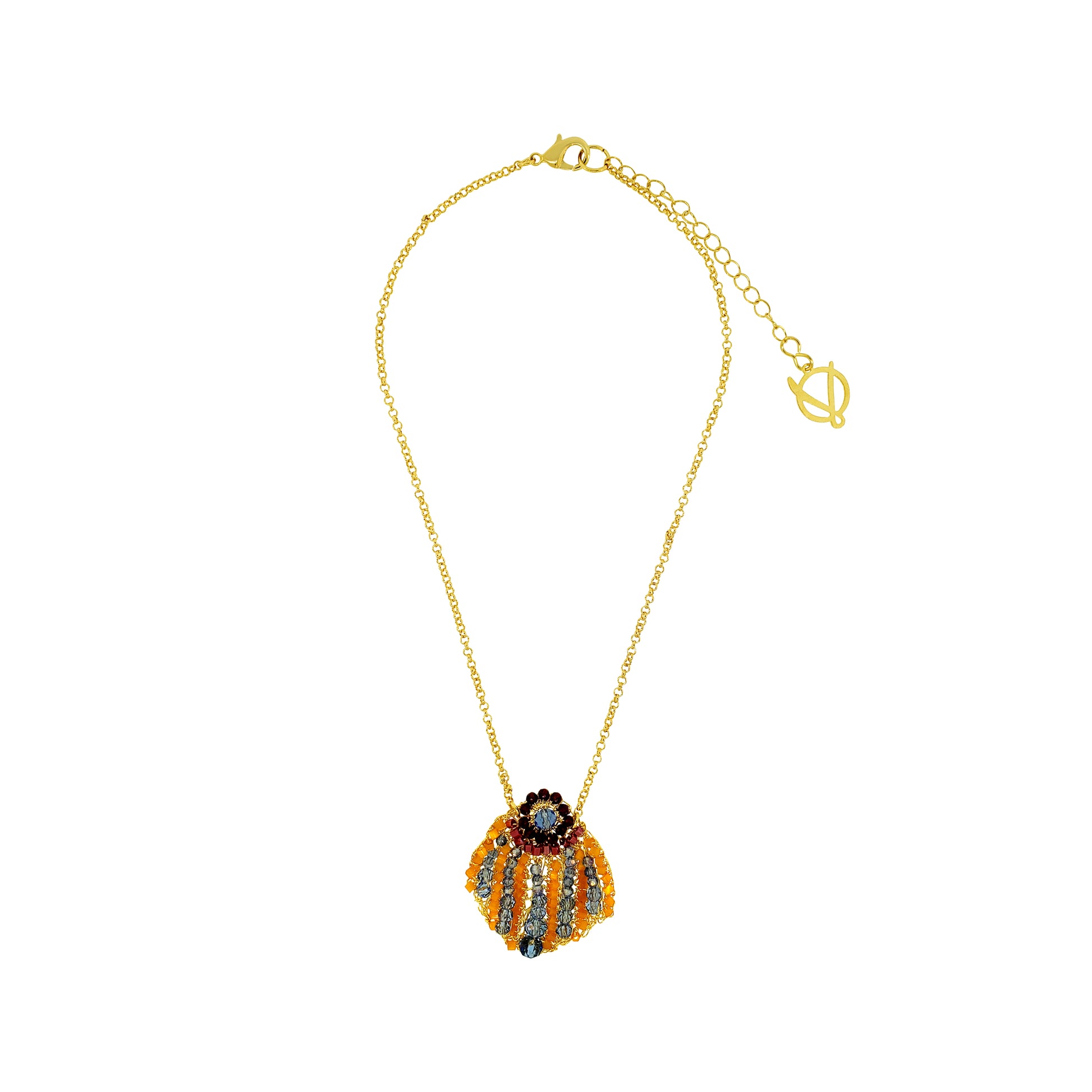 Organic-Blue-Red-Orange-Gold-Sea-Shell-Maxi-Handmade-Crochet-Necklace-18k-gold-filled-wire-hypoallergenic-lightweight-statement-soul-collection