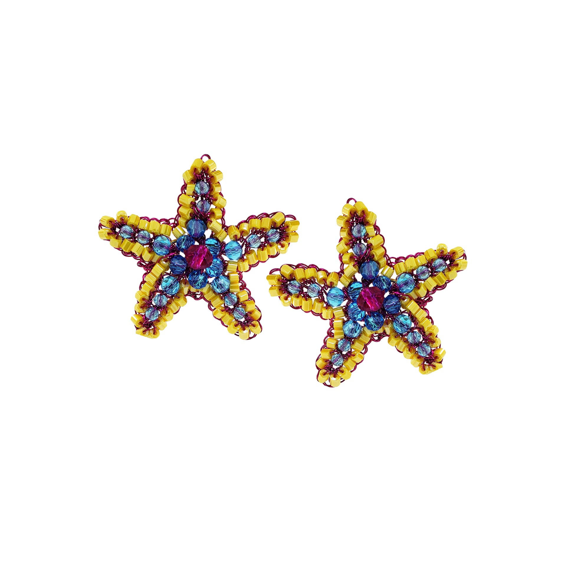 Organic-Blue-Yellow-Fuchsia-Gold-Sea-Star-Post-Handmade-Crochet-Earrings-18k-gold-filled-wire-hypoallergenic-lightweight-statement-brazilian-soul-collection