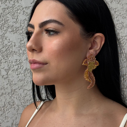 Organic-Butter-Yellow-Beige-Gold-Fish-Handmade-Crochet-Earrings-model-18k-gold-filled-wire-hypoallergenic-lightweight-statement-soul-collection