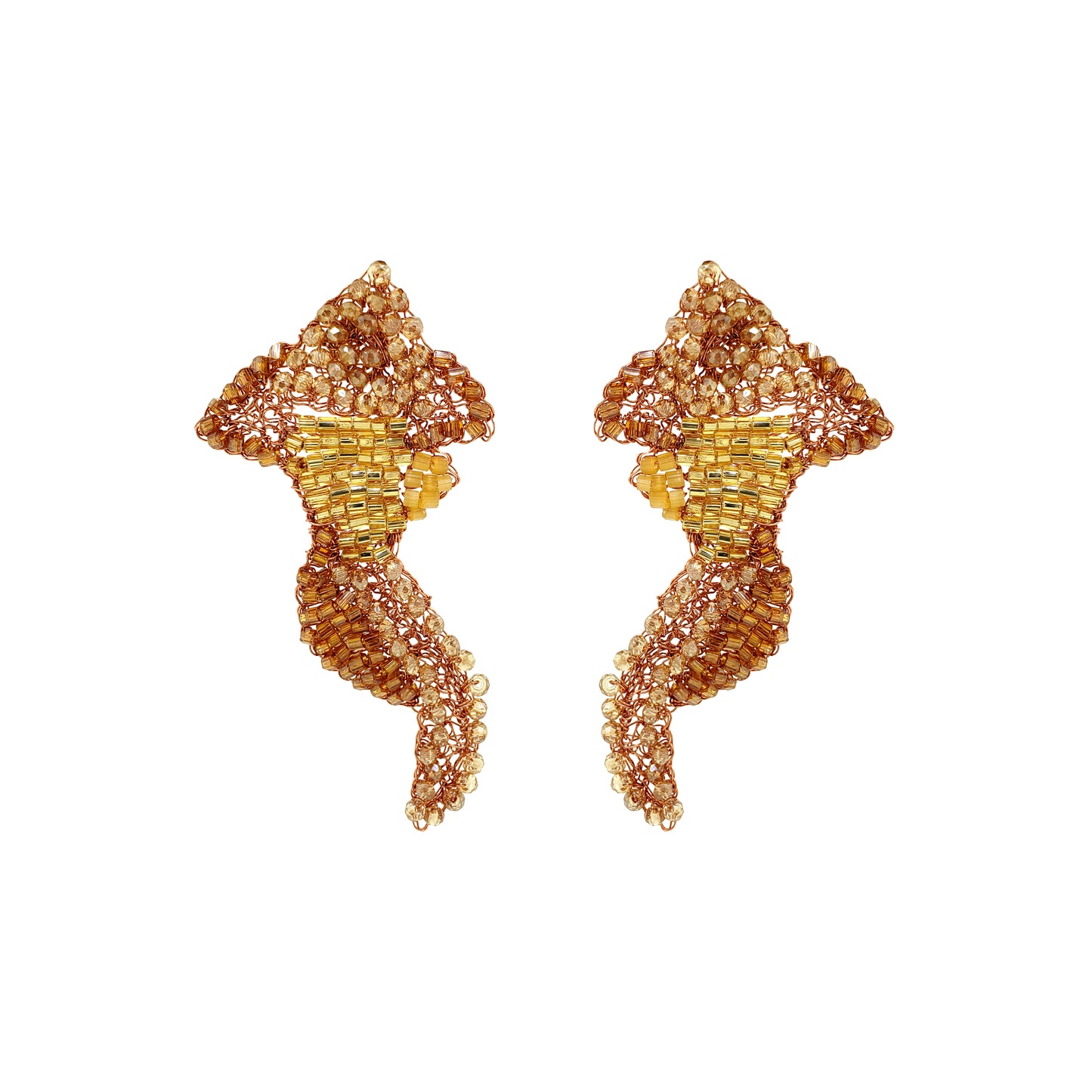 Organic-Butter-Yellow-Beige-Gold-Fish-Handmade-Crochet-Earrings-18k-gold-filled-wire-hypoallergenic-lightweight-statement-soul-collection