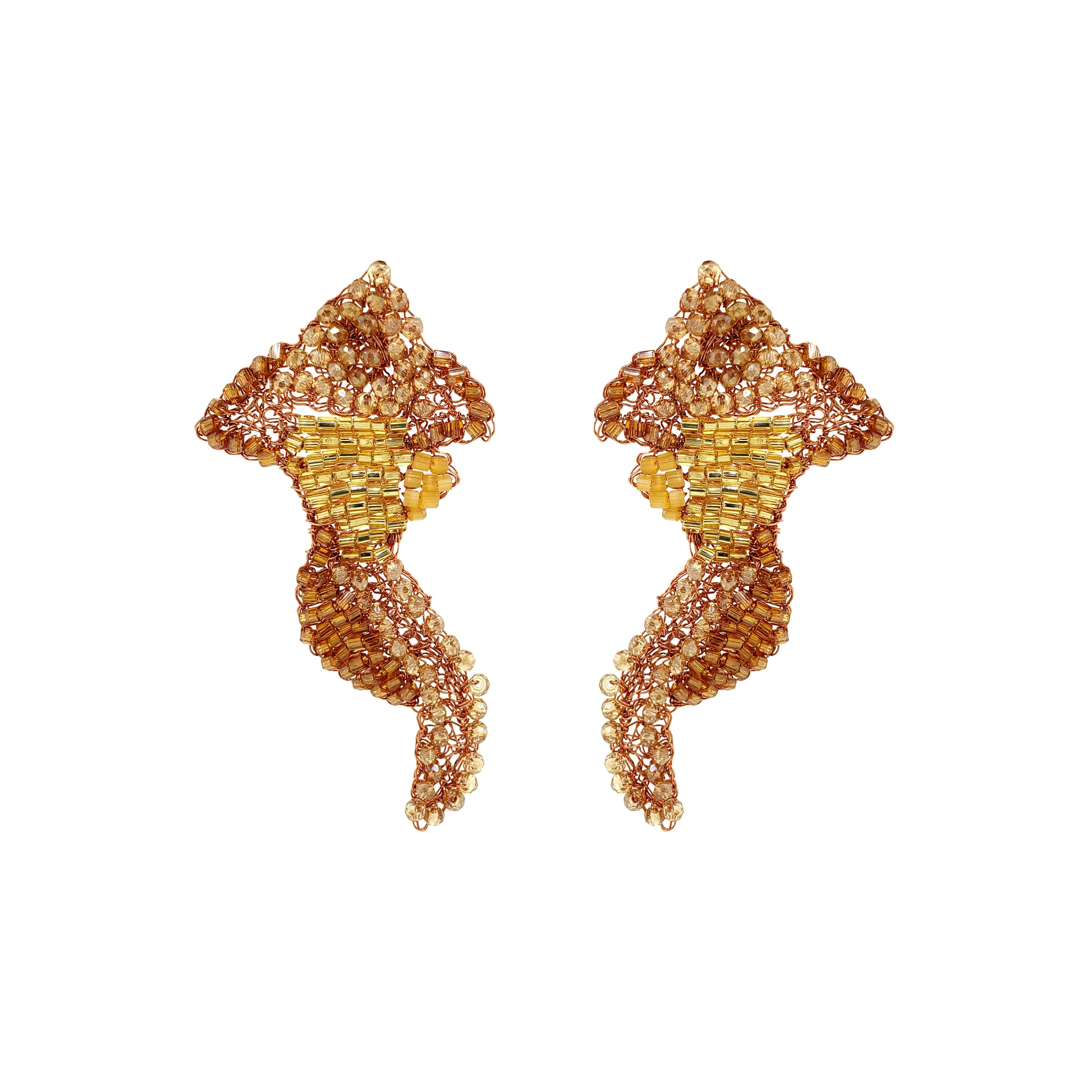 Organic-Butter-Yellow-Beige-Gold-Fish-Handmade-Crochet-Earrings-18k-gold-filled-wire-hypoallergenic-lightweight-statement-soul-collection