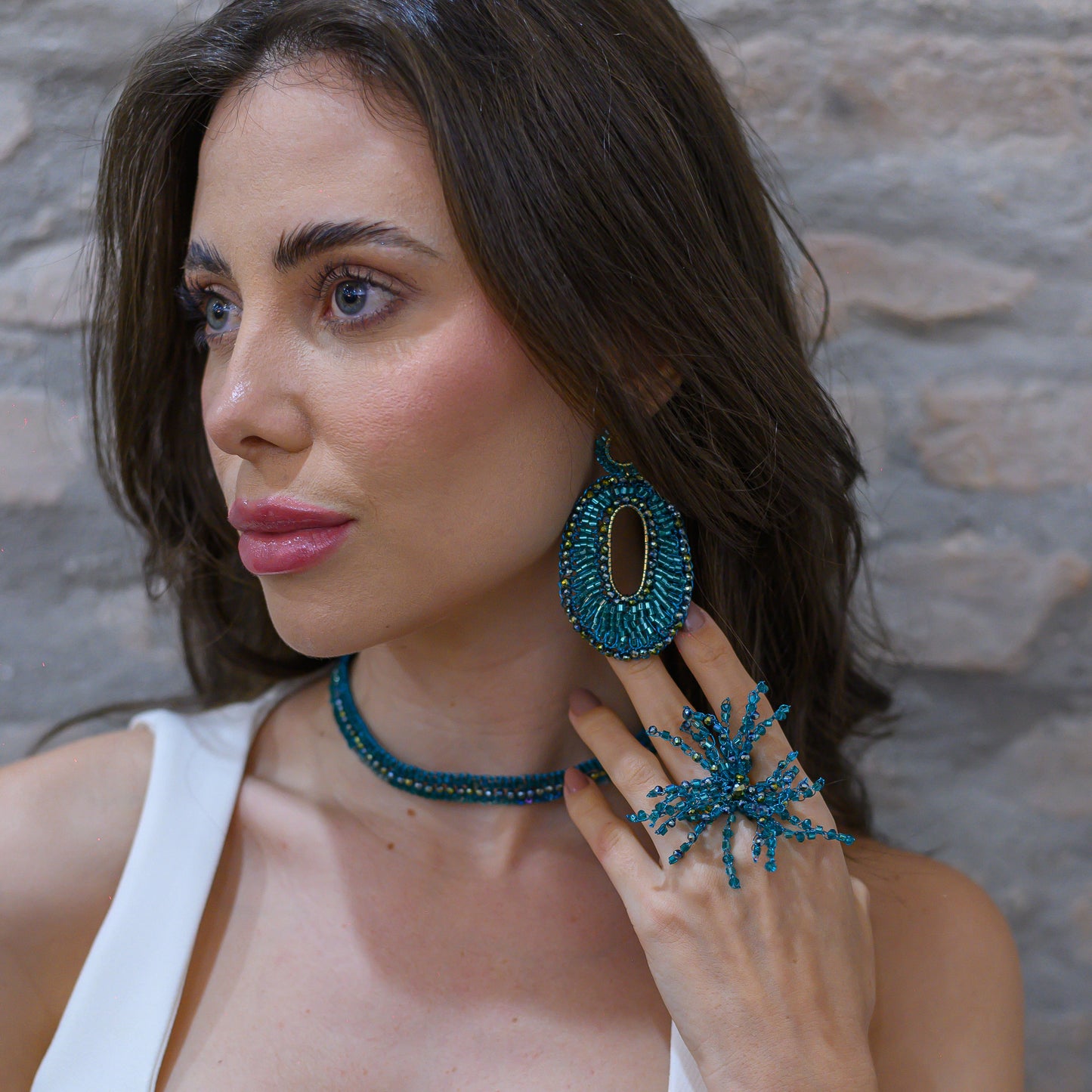 Organic-Cluster-Teal-Gold-Oceanus-Handmade-Crochet-Ring-18k-gold-filled-wire-hypoallergenic-lightweight-statement-soul-collection-model