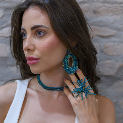 Organic-Cluster-Teal-Gold-Oceanus-Handmade-Crochet-Ring-18k-gold-filled-wire-hypoallergenic-lightweight-statement-soul-collection-model