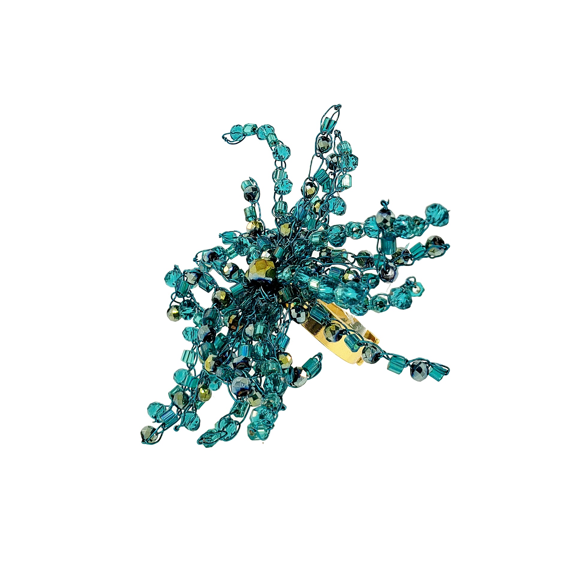 Organic-Cluster-Teal-Gold-Oceanus-Handmade-Crochet-Ring-18k-gold-filled-wire-hypoallergenic-lightweight-statement-soul-collection