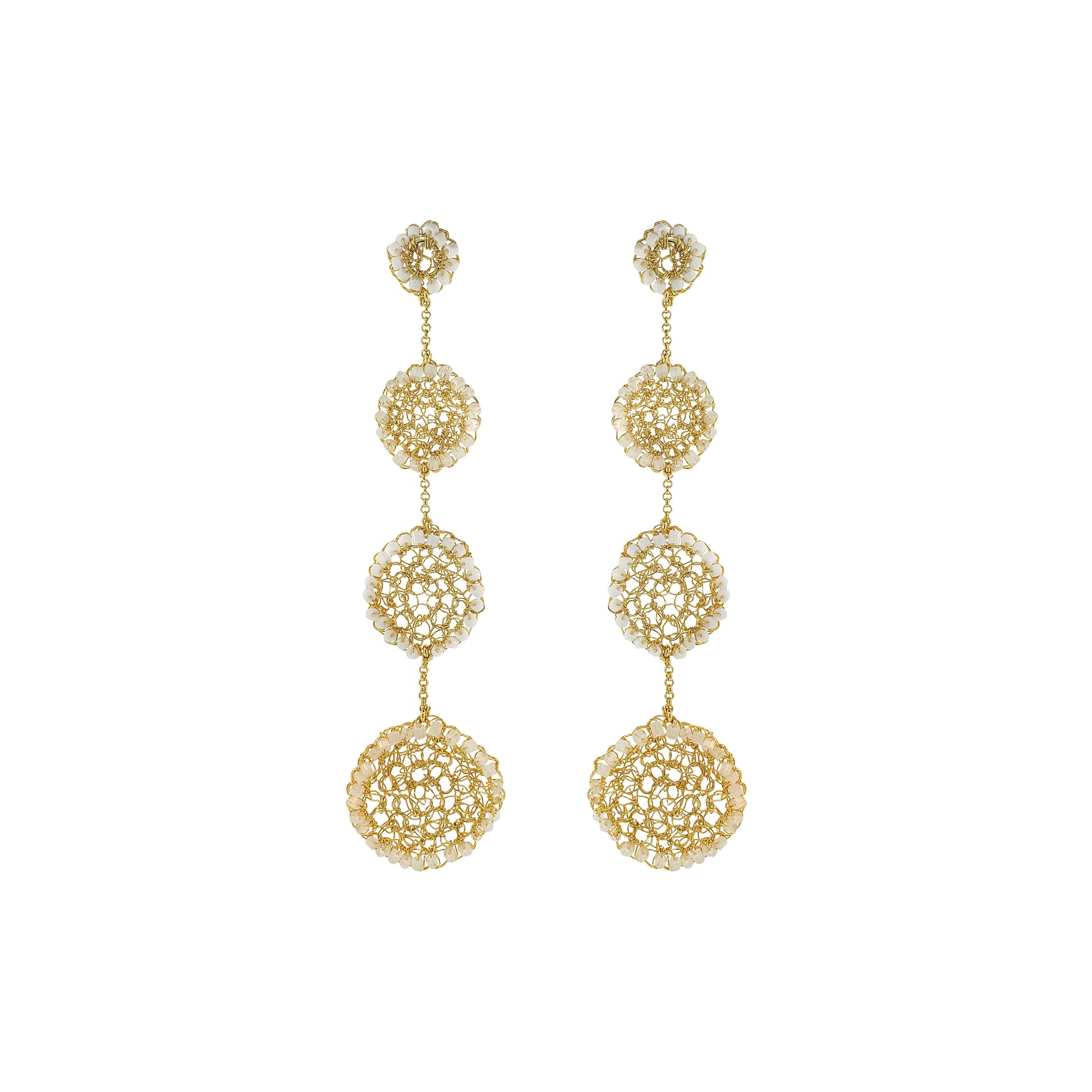 Organic-Cream-White-Clear-Gold-Patch-Cascade-Handmade-Crochet-Earrings-18k-gold-filled-wire-hypoallergenic-lightweight-statement-soul-collection