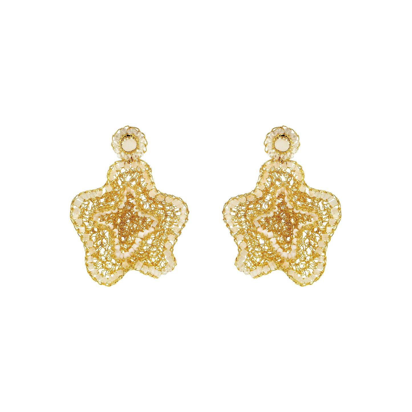 Organic-Floral-Cream-white-clear-Gold-Jasmine-Dangle-Handmade-Crochet-Earrings-18k-gold-filled-wire-hypoallergenic-lightweight-statement-soul-collection