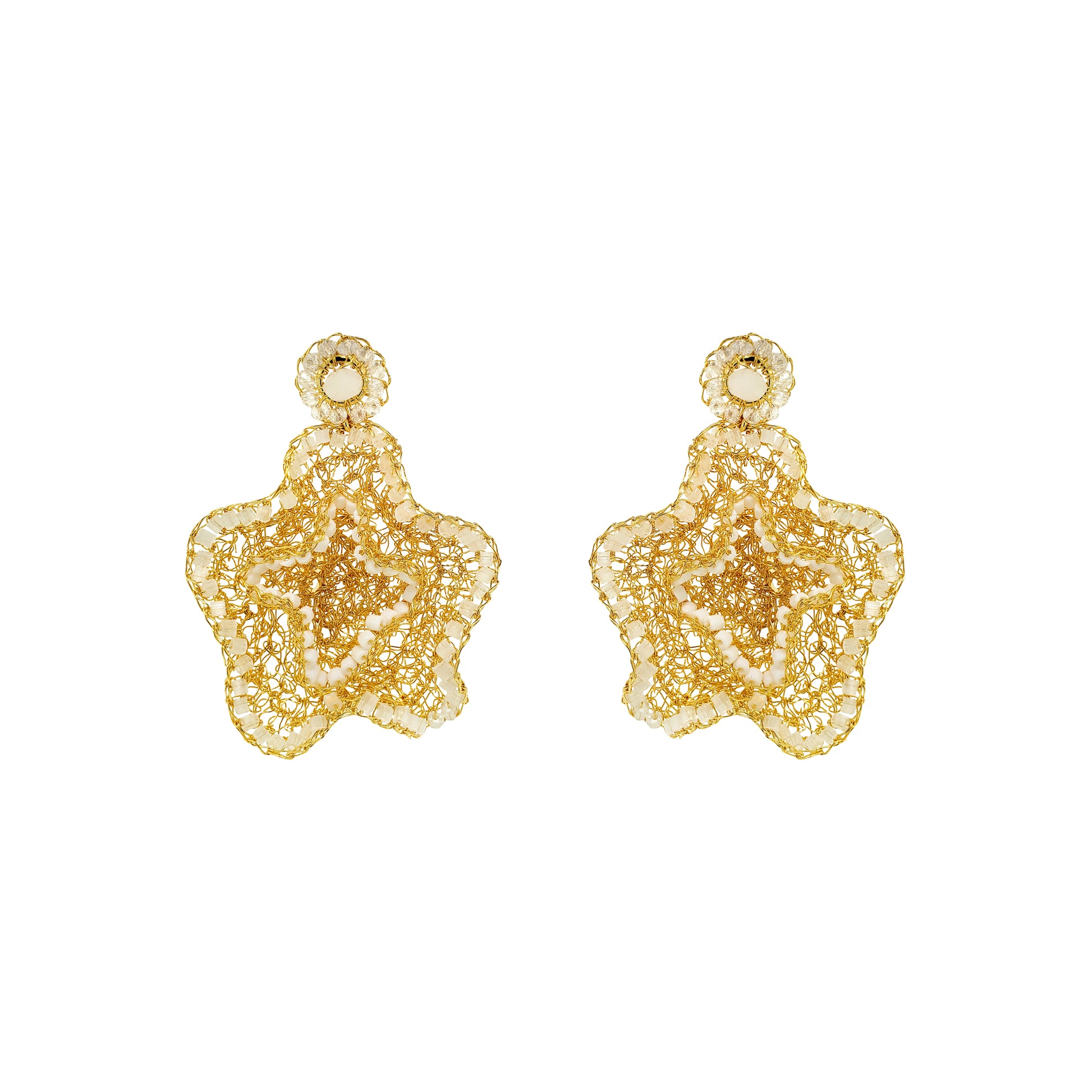 Organic-Floral-Cream-white-clear-Gold-Jasmine-Dangle-Handmade-Crochet-Earrings-18k-gold-filled-wire-hypoallergenic-lightweight-statement-soul-collection
