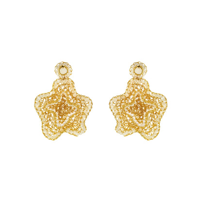 Organic-Floral-Cream-white-clear-Gold-Jasmine-Dangle-Handmade-Crochet-Earrings-18k-gold-filled-wire-hypoallergenic-lightweight-statement-soul-collection