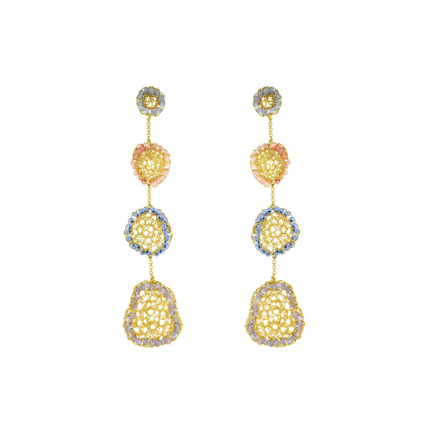 Organic-Light-Pink-Blue-Gold-Patch-Cascade-Handmade-Crochet-Earrings-18k-gold-filled-wire-hypoallergenic-lightweight-statement-soul-collection