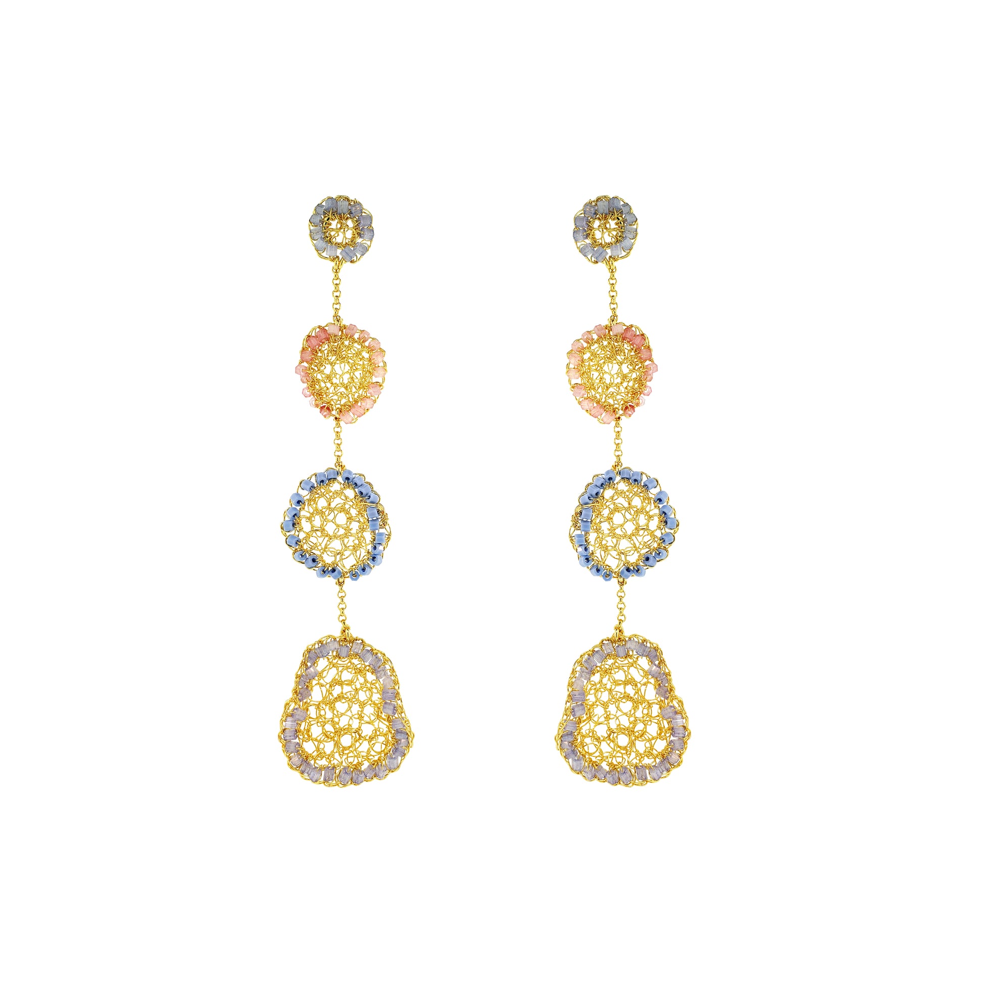 Organic-Light-Pink-Blue-Gold-Patch-Cascade-Handmade-Crochet-Earrings-18k-gold-filled-wire-hypoallergenic-lightweight-statement-soul-collection