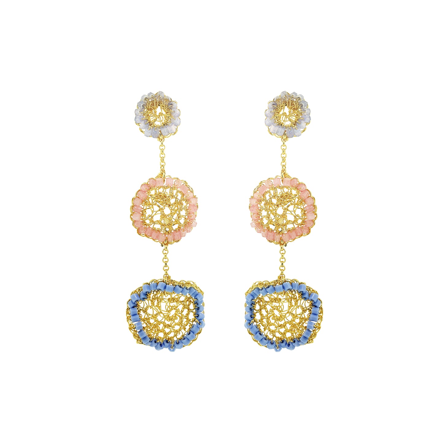 Organic-Light-Pink-Blue-Gold-Patch-Dangle-Handmade-Crochet-Earrings-18k-gold-filled-wire-hypoallergenic-lightweight-statement-soul-collection