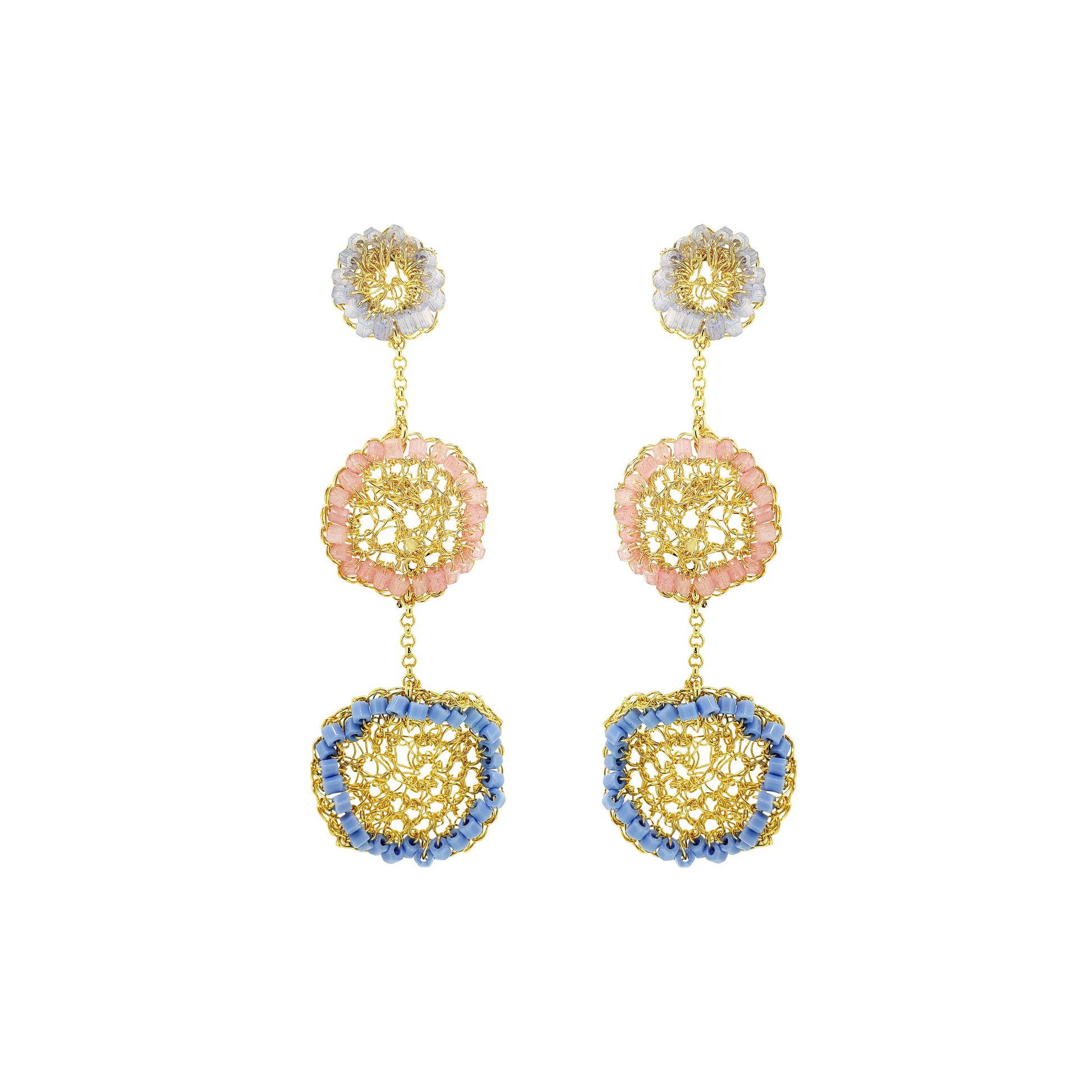 Organic-Light-Pink-Blue-Gold-Patch-Dangle-Handmade-Crochet-Earrings-18k-gold-filled-wire-hypoallergenic-lightweight-statement-soul-collection