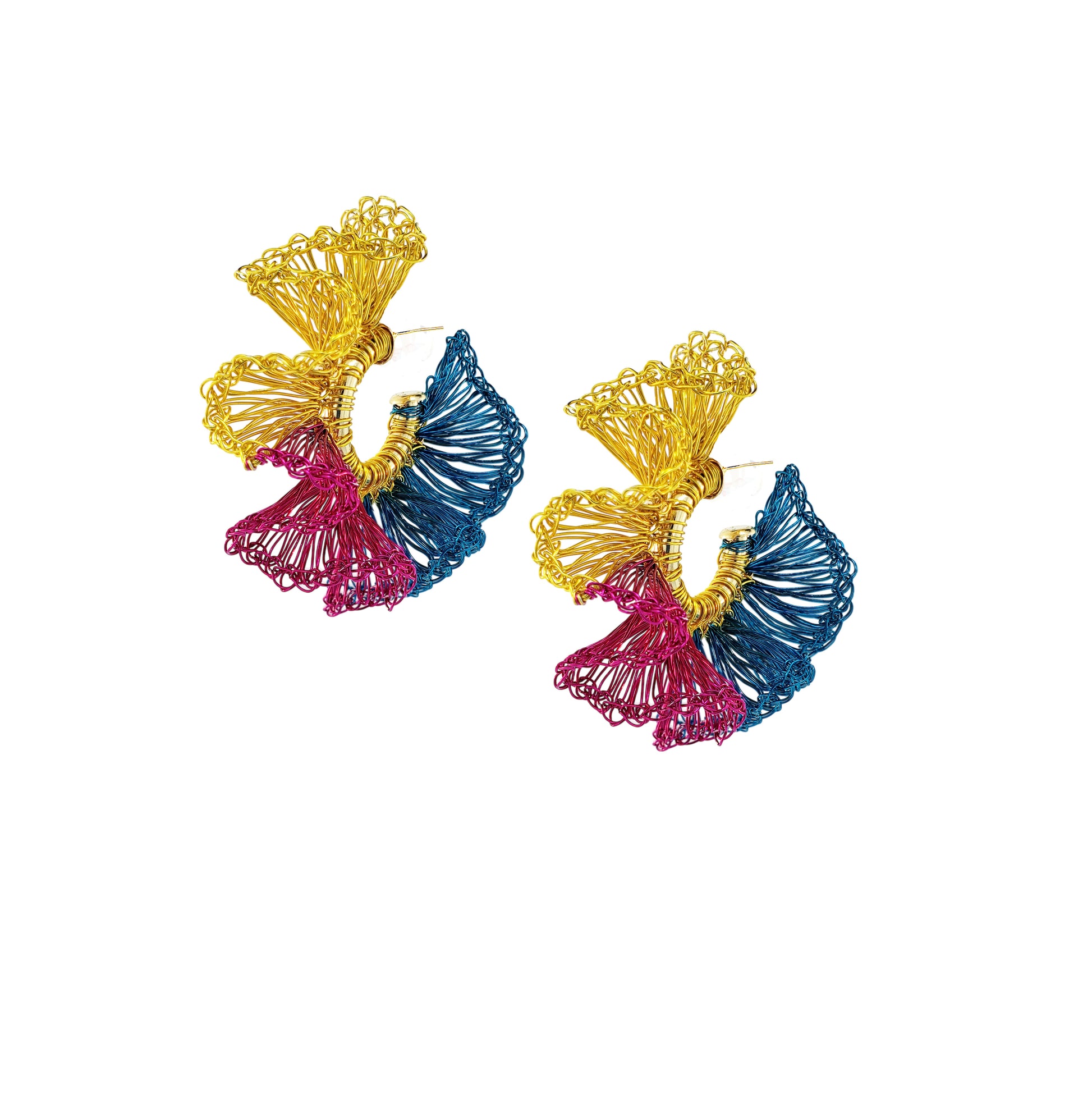 Organic-Ruffled-Blue-Fuchsia-Yellow-Wire-Gold-Rio-Hoop-Handmade-Crochet-Earrings-18k-gold-filled-wire-hypoallergenic-lightweight-statement-brazilian-soul-collection