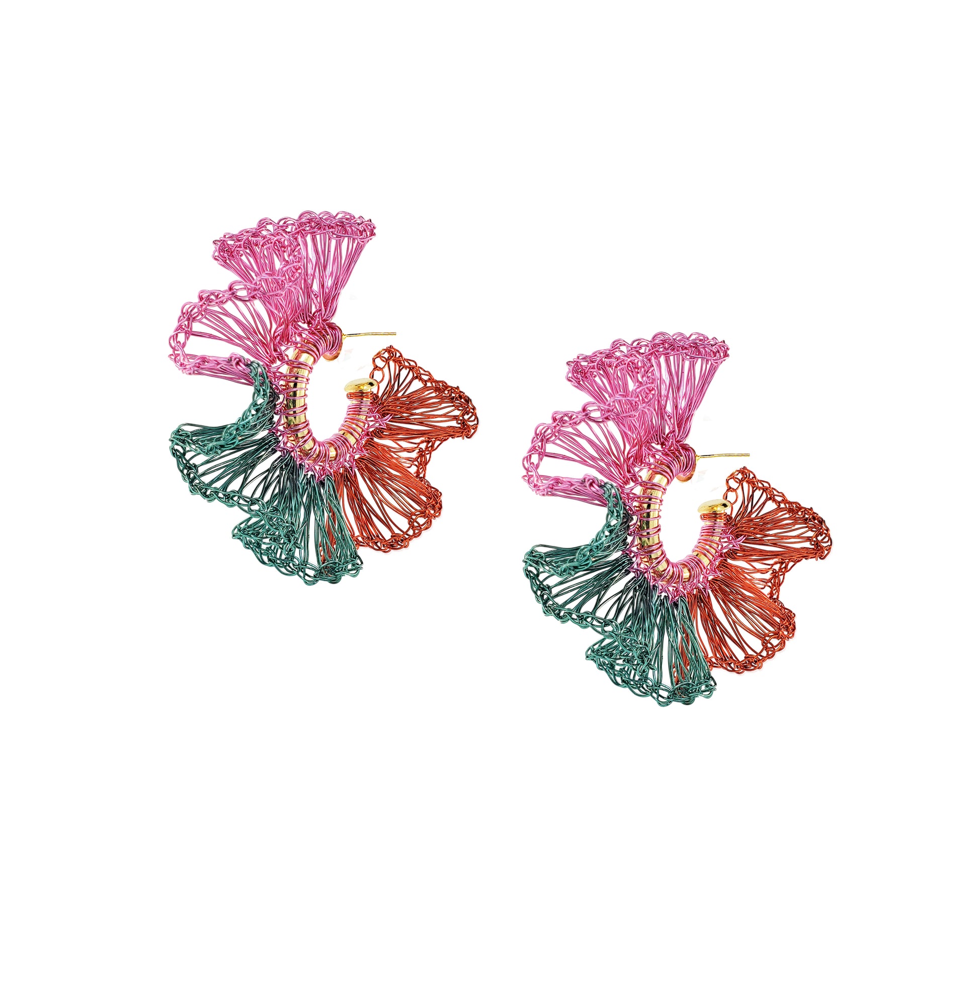 Organic-Ruffled-Green-Pink-Orange-Gold-Rio-Hoop-Handmade-Crochet-Earrings-18k-gold-filled-wire-hypoallergenic-lightweight-statement-brazilian-soul-collection