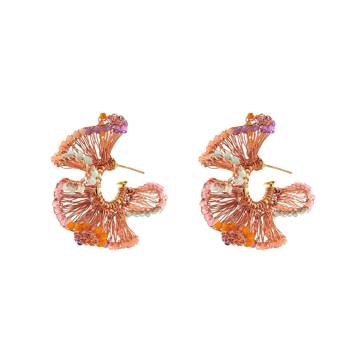 Organic-Ruffled-Green-Pink-Purple-Orange-Gold-Rio-Hoop-Handmade-Crochet-Earrings-18k-gold-filled-wire-hypoallergenic-lightweight-statement-brazilian-soul-collection