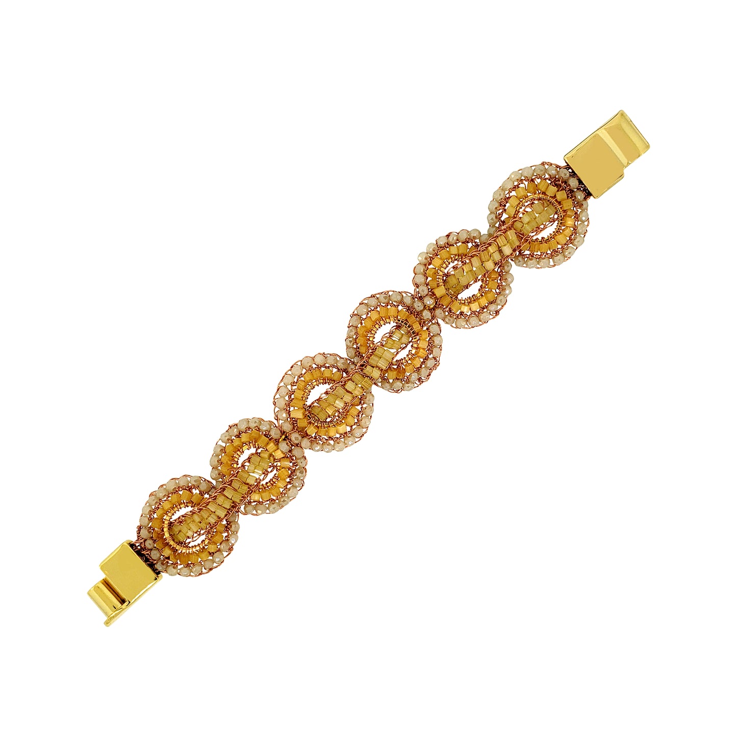 Patchwork-Mandala-Butter-Yellow-Beige-Gold-Handmade-Crochet-bracelet-18k-gold-filled-wire-hypoallergenic-lightweight-statement-soul-collection