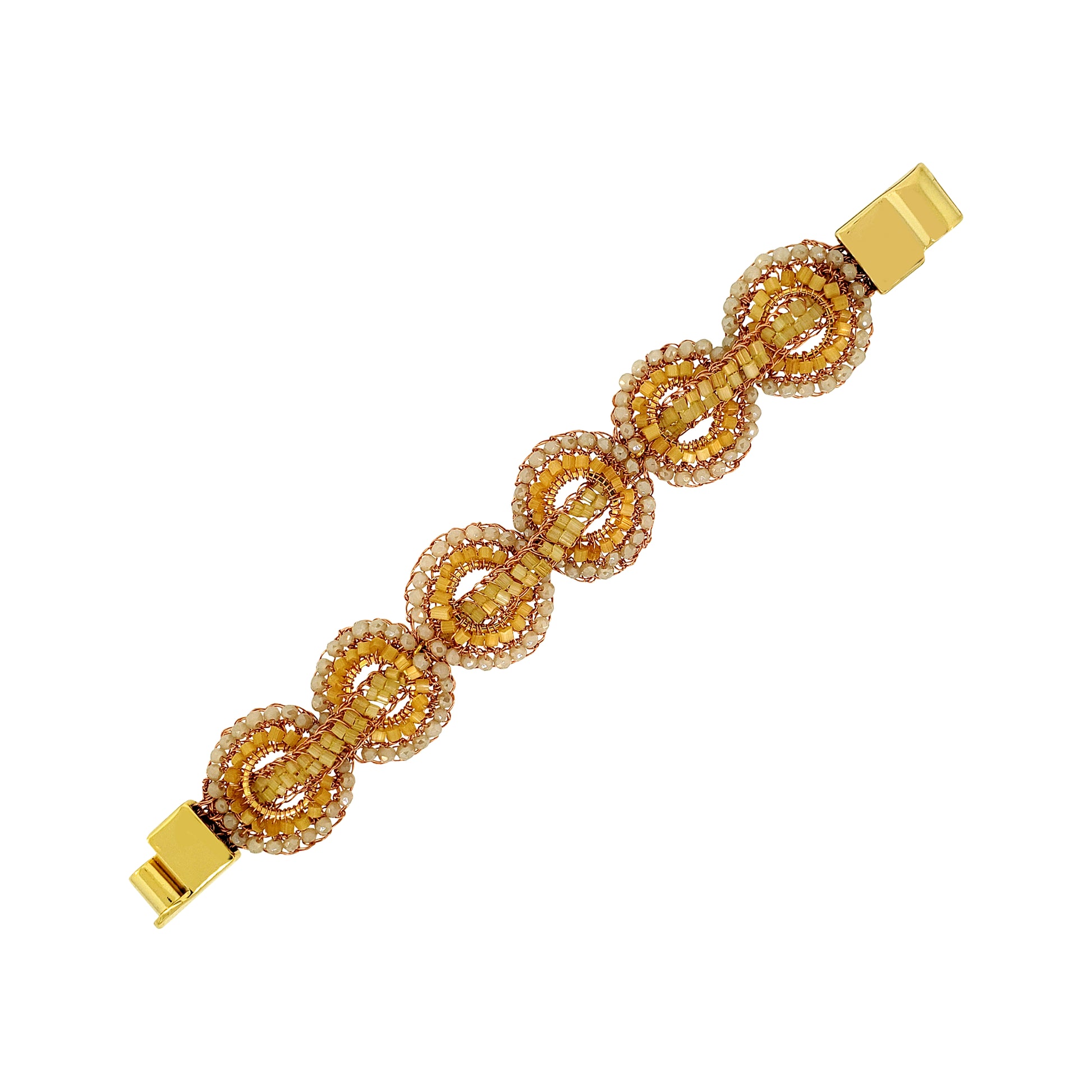 Patchwork-Mandala-Butter-Yellow-Beige-Gold-Handmade-Crochet-bracelet-18k-gold-filled-wire-hypoallergenic-lightweight-statement-soul-collection