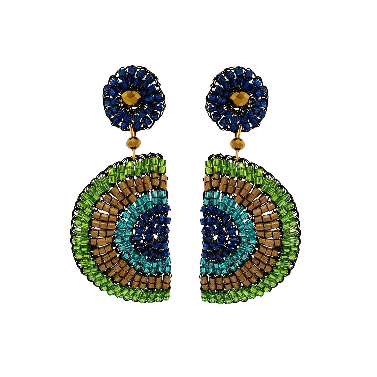 Handcrafted peacock-inspired fan earrings made in Brazil with blue, turquoise, green, and gold enameled copper wire using Lavish's signature metal crochet technique. Lightweight artisan statement earrings for resort, evening, and special occasion. A pair of handmade beaded dangle earrings featuring a blue flower-shaped stud with a gold center, connected by a small gold bead to a large semi-circular drop. The drop is decorated with concentric bands of green, turquoise, and brown seed beads outlined in black.