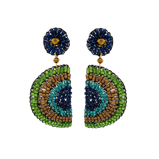Handcrafted peacock-inspired fan earrings made in Brazil with blue, turquoise, green, and gold enameled copper wire using Lavish's signature metal crochet technique. Lightweight artisan statement earrings for resort, evening, and special occasion. A pair of handmade beaded dangle earrings featuring a blue flower-shaped stud with a gold center, connected by a small gold bead to a large semi-circular drop. The drop is decorated with concentric bands of green, turquoise, and brown seed beads outlined in black.