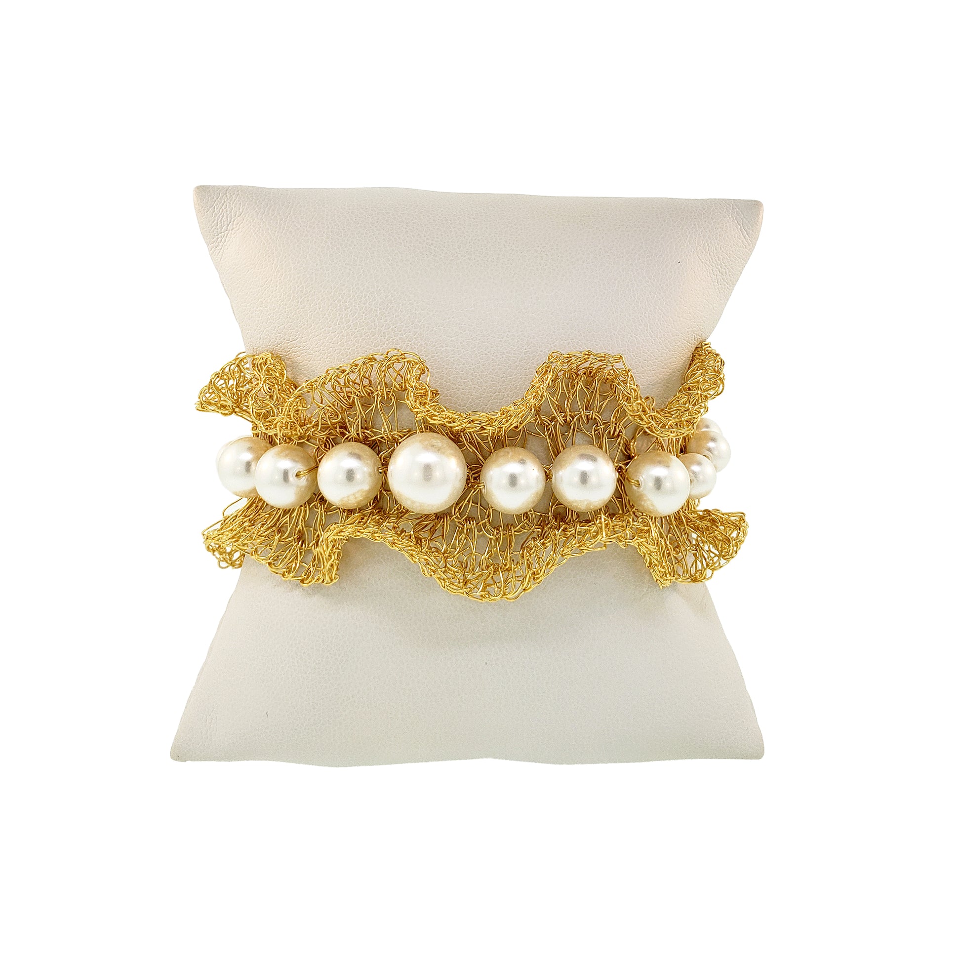 Pearl-Gold-Nalu-maxi-cuff-Handmade-Crochet-Bracelet-cushion-handmade-crochet-bracelet-with-unique-design-18k-gold-filled-wire-hypoallergenic-lightweight-statement